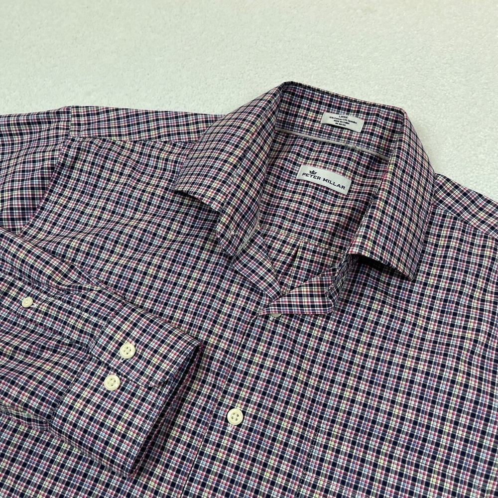 Peter Millar Shirt Men's Large Blue Red Checked Long Sleeve Stretch